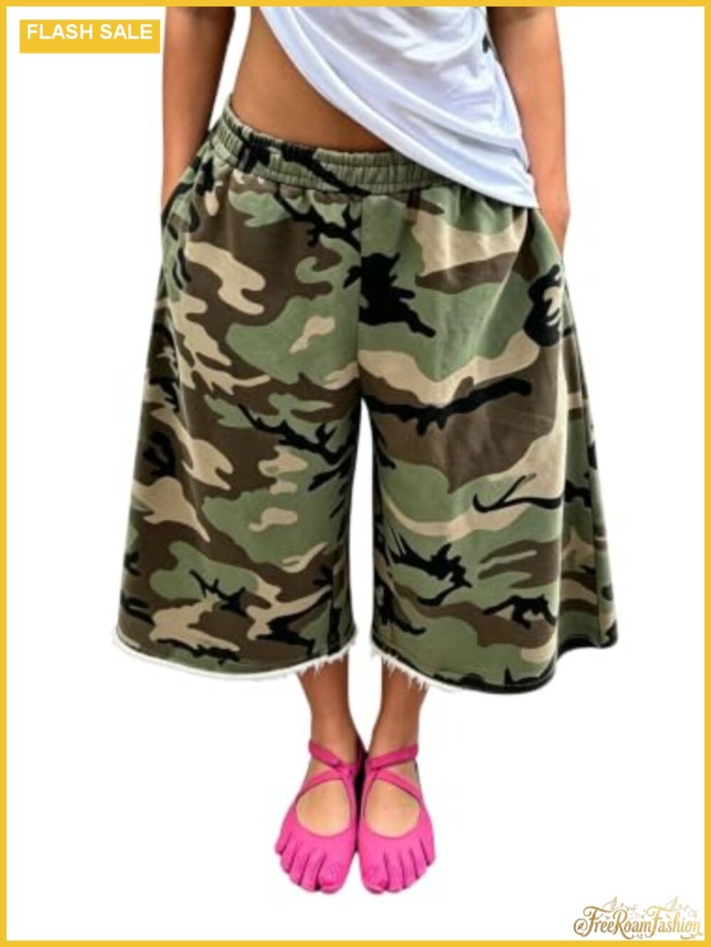 Women Wide Leg Capri Pants Baggy Camo Bermuda Shorts Elastic Waist Sweatpants